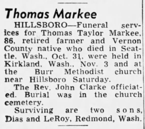 Markee, Thomas. Obit. 1953